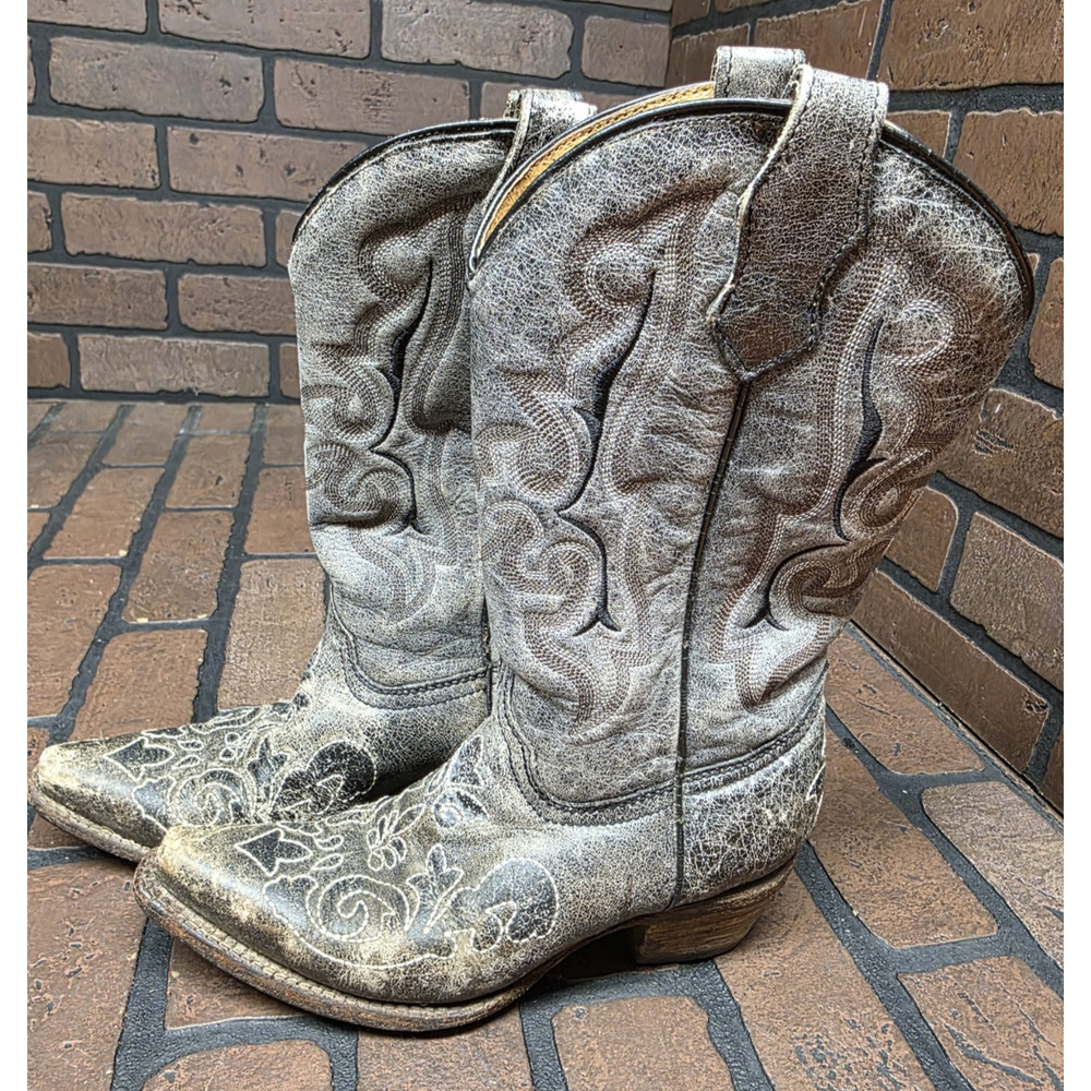 CORRAL Teens Floral Leather Snip Toe Western Cowgirl Boots Youth Size 9.5